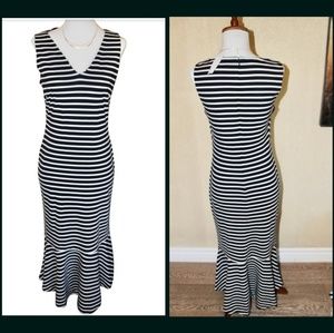 Stripe Ponte Flounce Midi Long Dress Navy&White